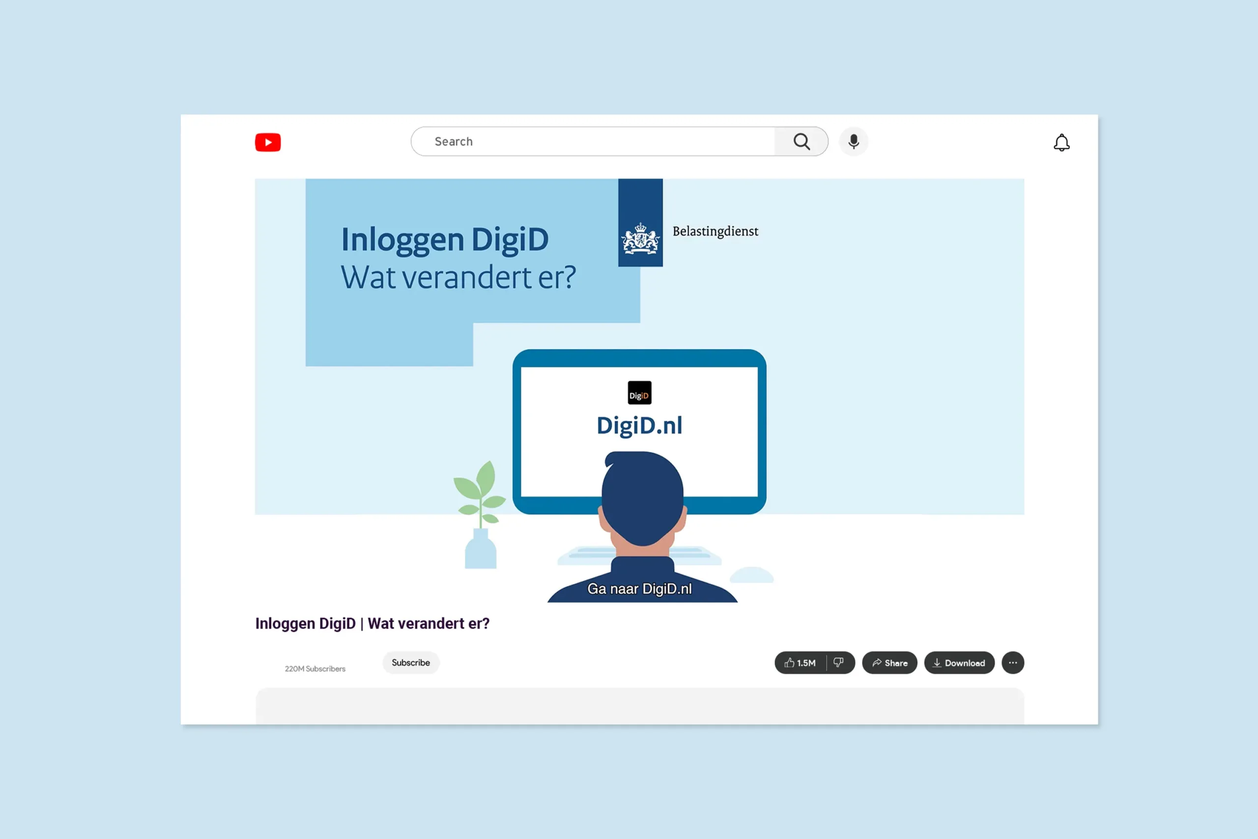 Belastingdienst DigiD animatie Screenshot van de DigiD animatie. In de animatie staat de titel 'Inloggen DigiD - Wat verandert er?' met daaronder een man die achter een computerscherm zit op DigiD.nl.