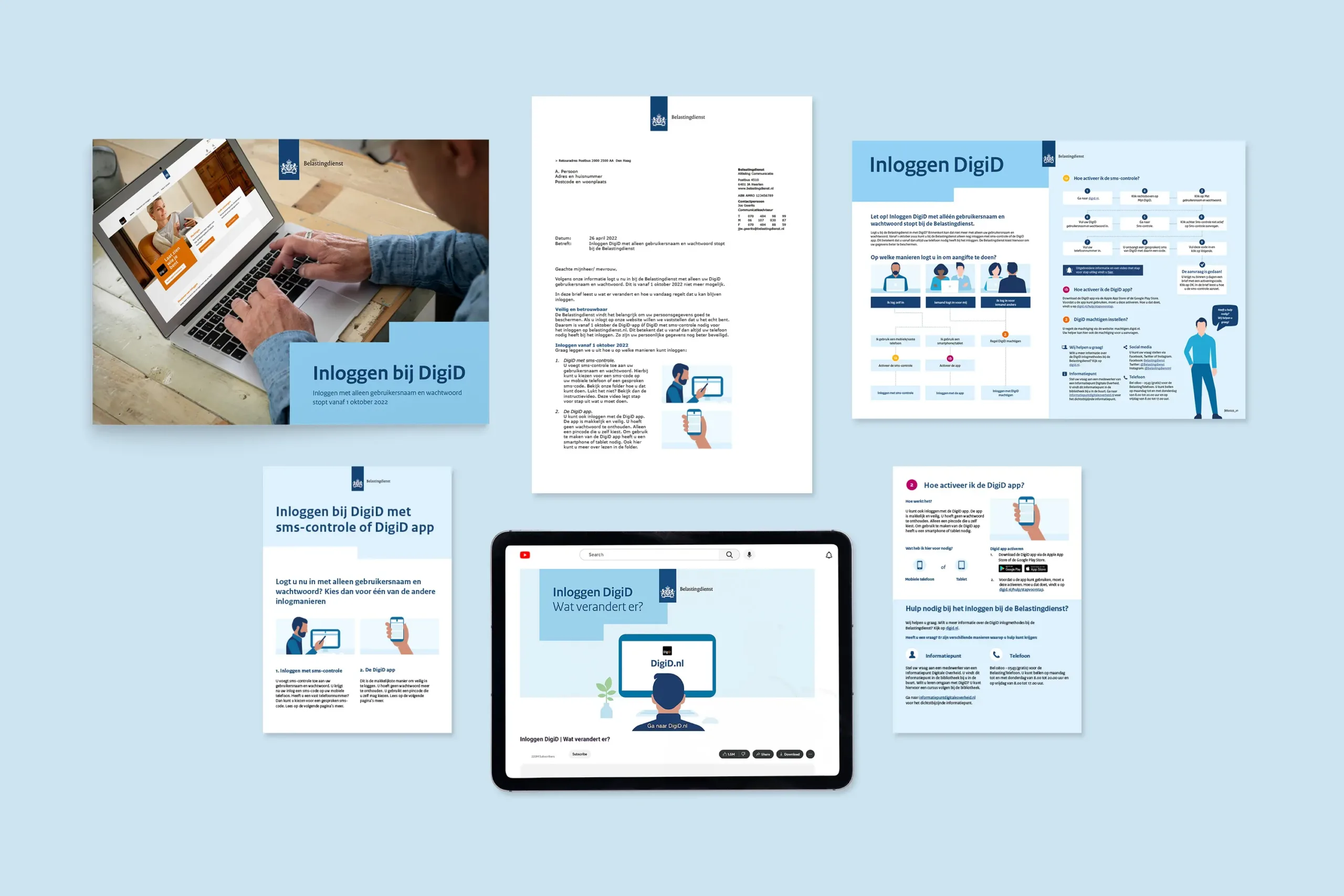 Belastingdienst DigiD overzicht Overzicht met verschillende middelen die gemaakt zijn voor de DigiD campagne, waaronder een brochure, brief, infographic, flyer en animatie.