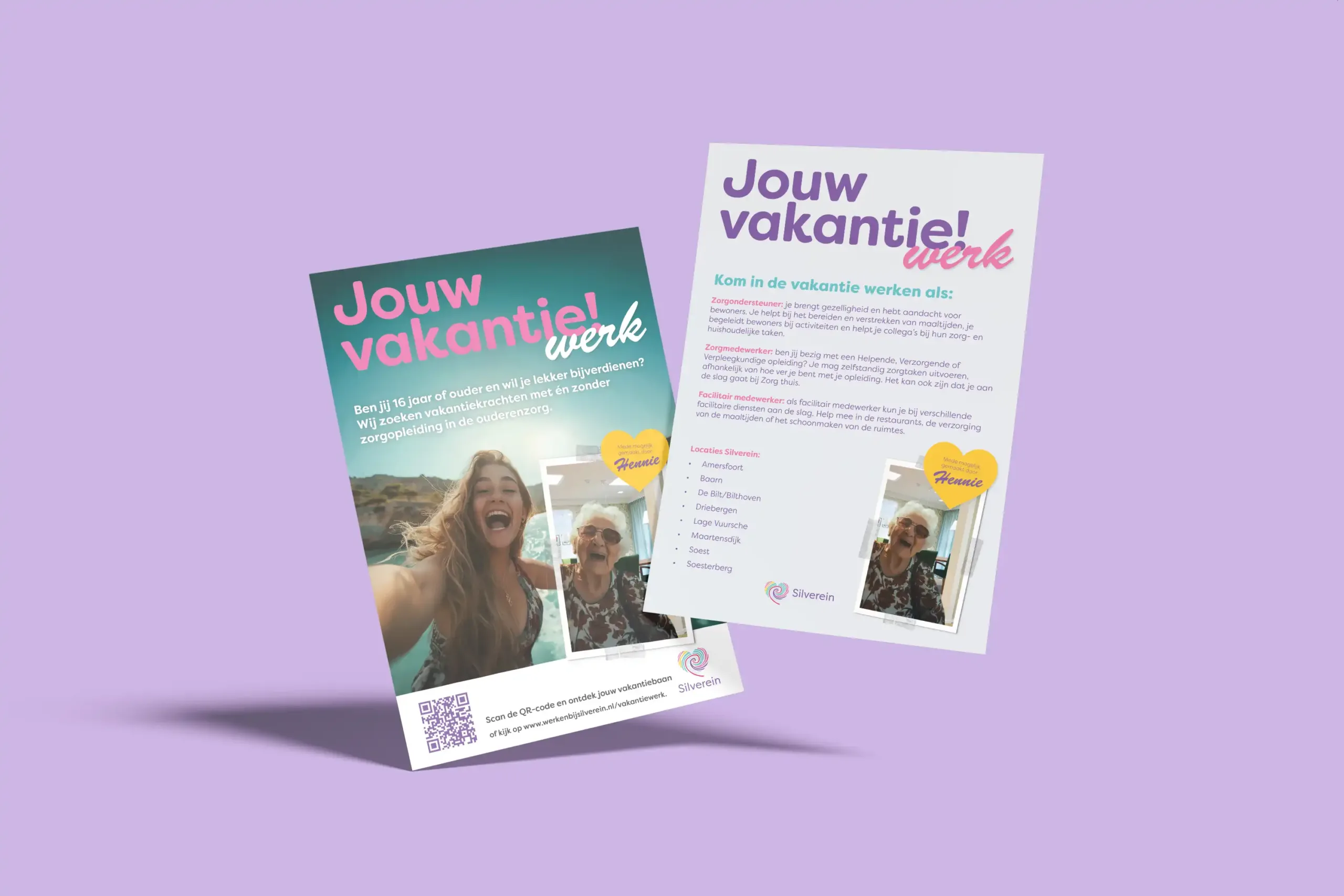 Silverein vakantiekrachten flyer Flyer voor de vakantiekrachten-campagne van Silverein. Op de voorkant staat de titel 'Jouw vakantiewerk' met daaronder een inleidende tekst en een foto van een tienermeisje op vakantie. Naast het meisje is een foto van een oudere te zien met de tekst 'Mede mogelijk gemaakt door Hennie'. Op de achterkant van de flyer staat uitleg over de verschillende soorten vakantiewerk die te doen zijn bij Silverein en de locaties waar dat mogelijk is.