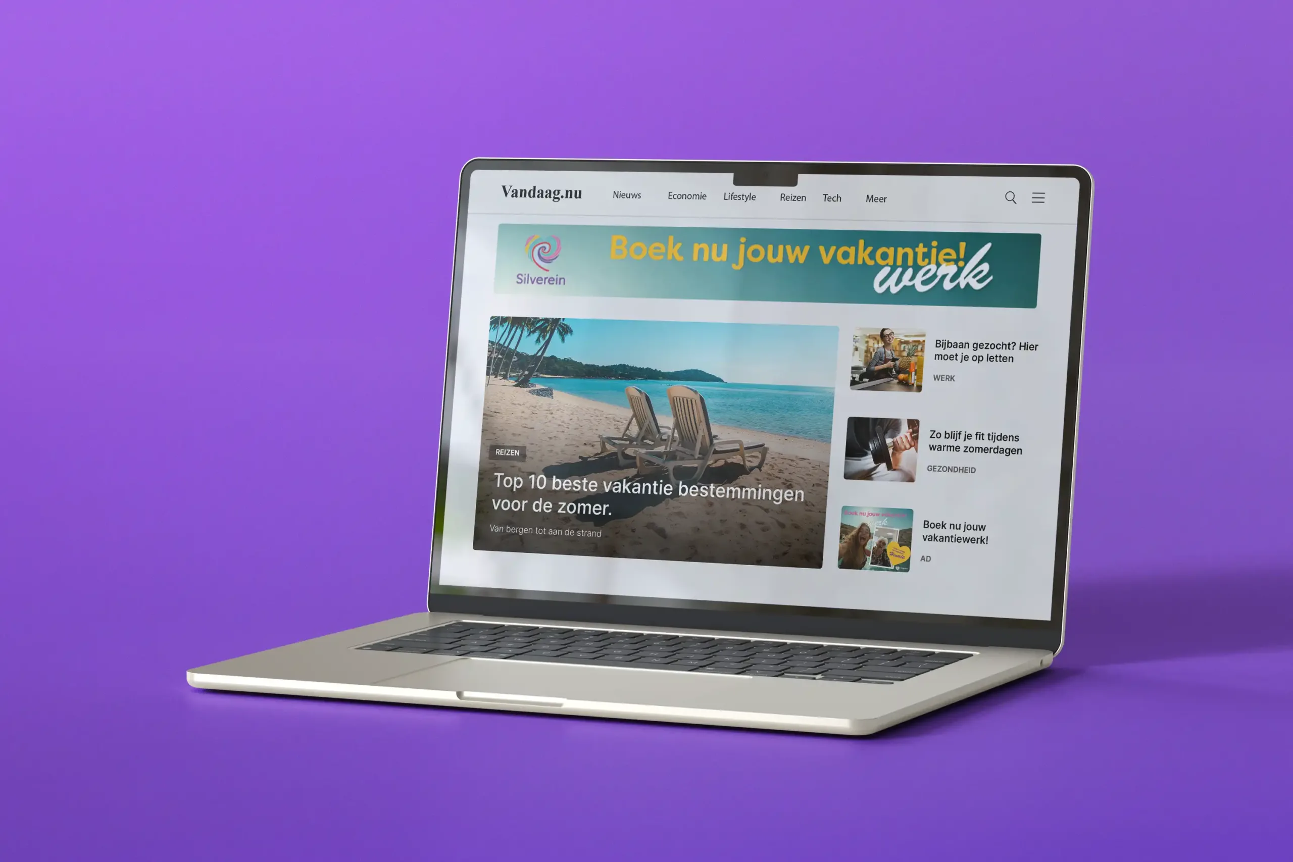 Silverein vakantiekrachten banners Laptop met een website mock-up op het scherm waarin de banners voor de vakantiekrachten-campagne van Silverein te zien zijn.